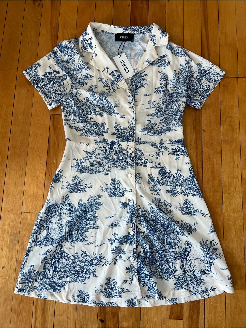 Cider Blue and White Toile Button-Front Mini Dress